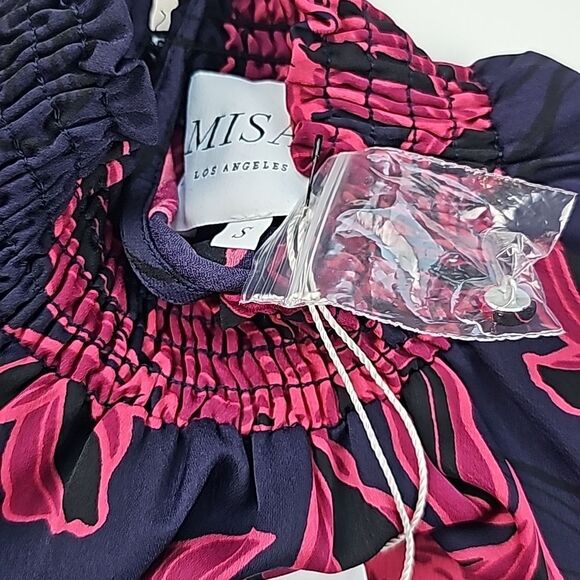 Misa -668 Purple Red Multi Ruched Mock Neck Long Sleeve Floral Giana Top Size S - Picture 5 of 11